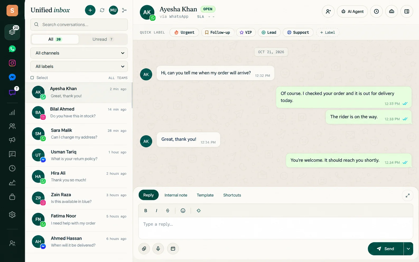 SocialGeniex Unified Inbox — WhatsApp, Instagram and SMS conversations with a shared team inbox