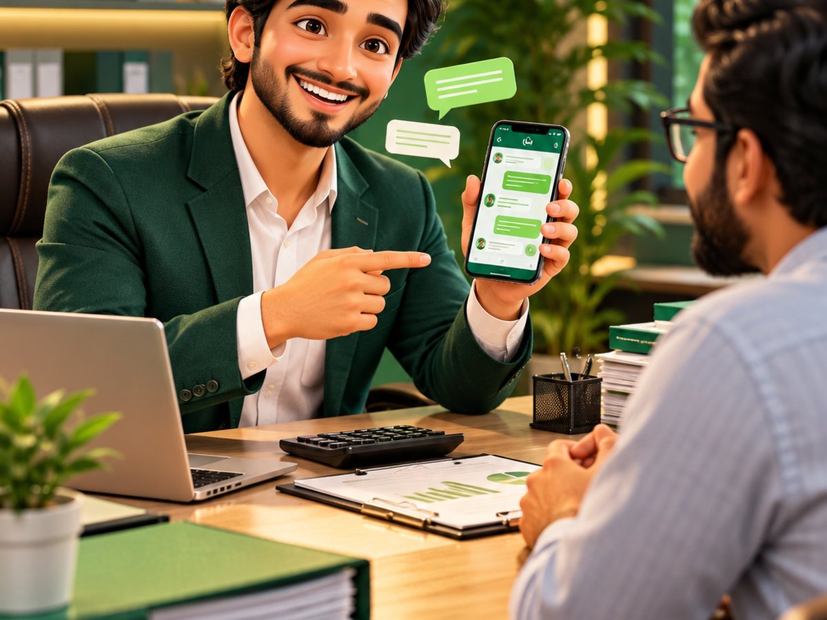 A cartoon accountant collecting monthly client documents through WhatsApp at his desk
