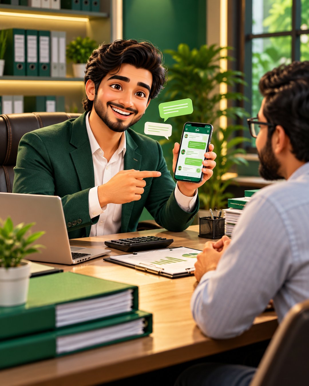 A cartoon accountant happily receiving client documents on WhatsApp at a tidy office desk