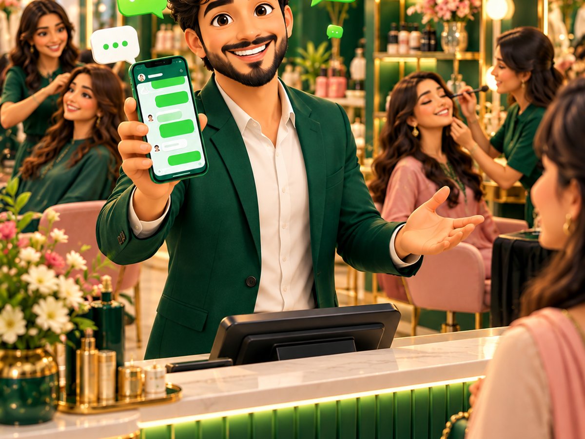 A cartoon parlour receptionist confirming a WhatsApp booking while a client smiles in a styling chair