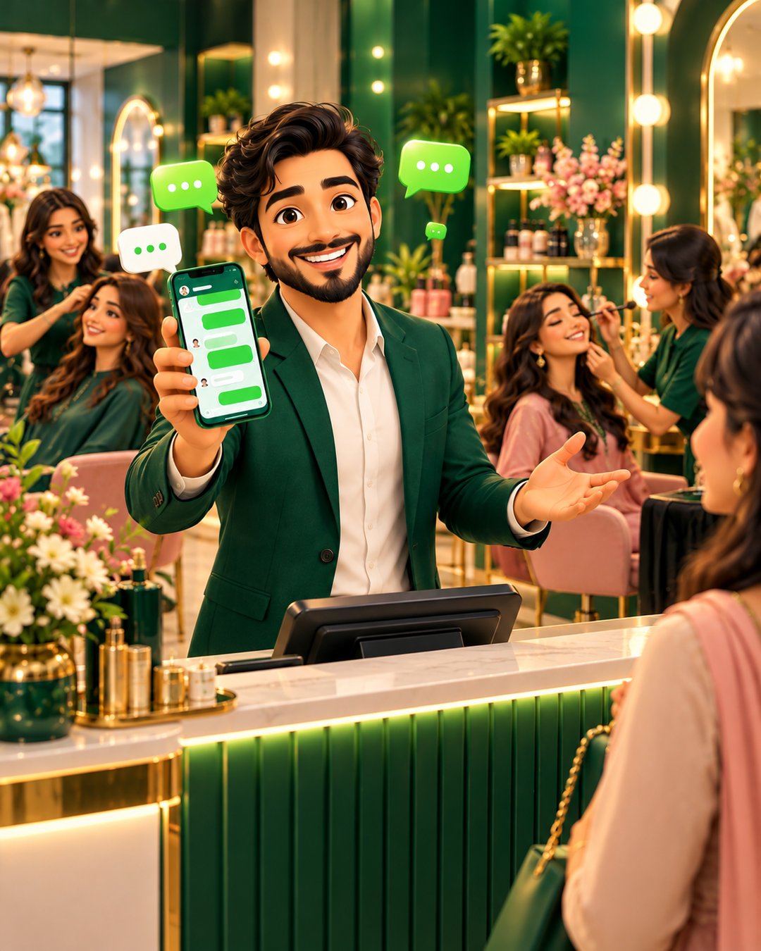 A cartoon beauty parlour owner happily confirming client appointments on WhatsApp in a bright, elegant parlour