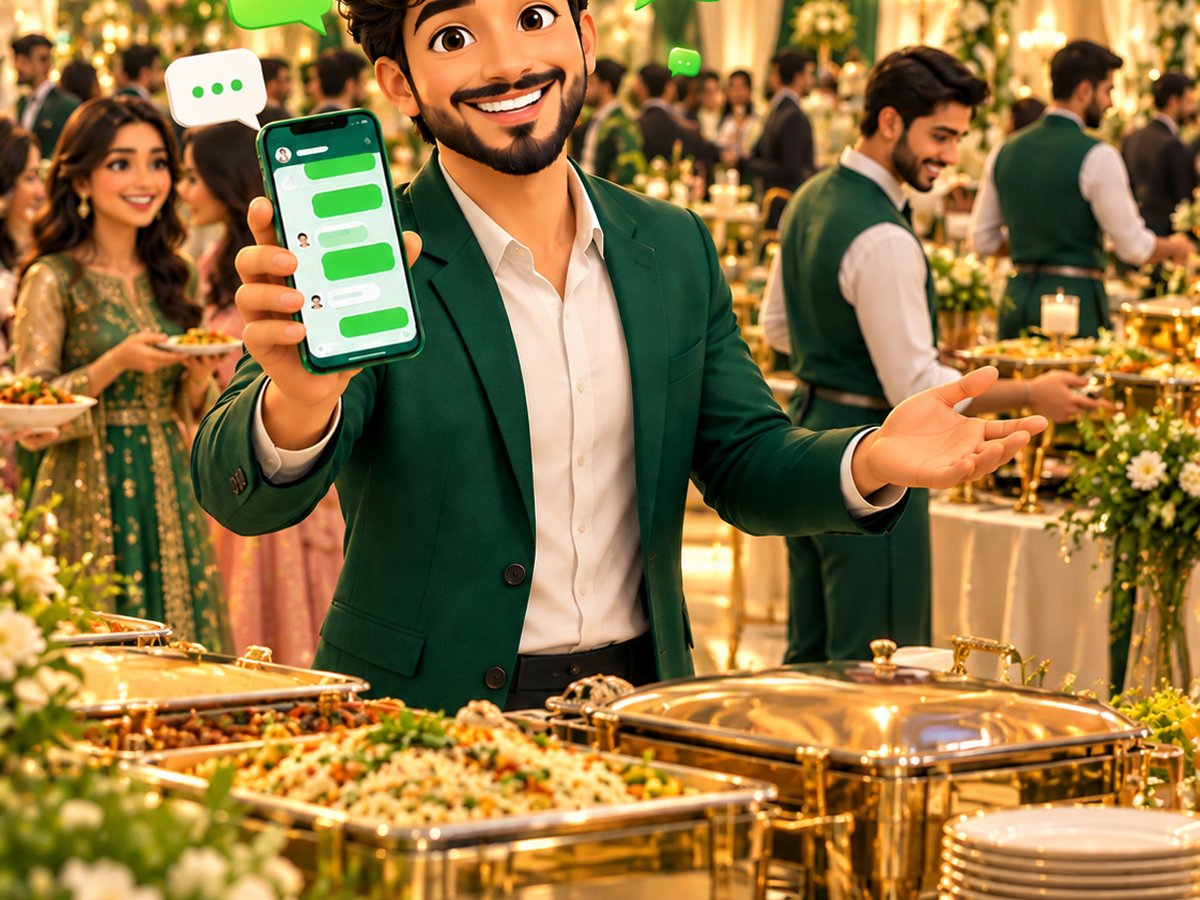 A cartoon catering manager sharing a wedding menu with a happy family on WhatsApp