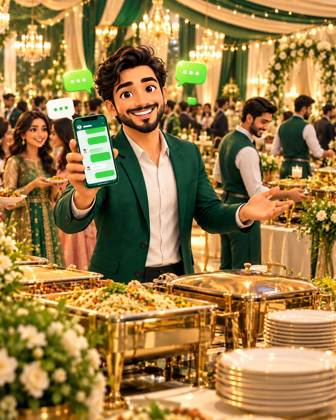 A cartoon caterer happily taking a wedding booking on WhatsApp beside a beautifully set buffet table