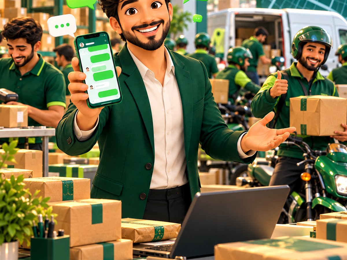 A cartoon courier dispatcher confirming a pickup booking on WhatsApp while a rider loads parcels