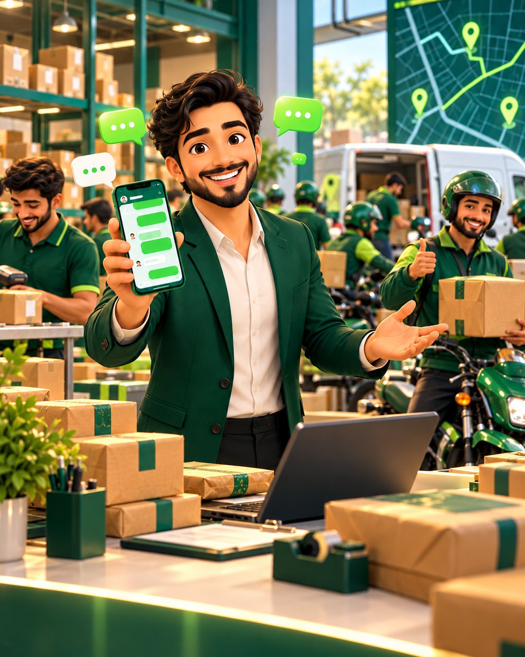 A cartoon courier service manager happily coordinating parcel deliveries on WhatsApp with riders in the background
