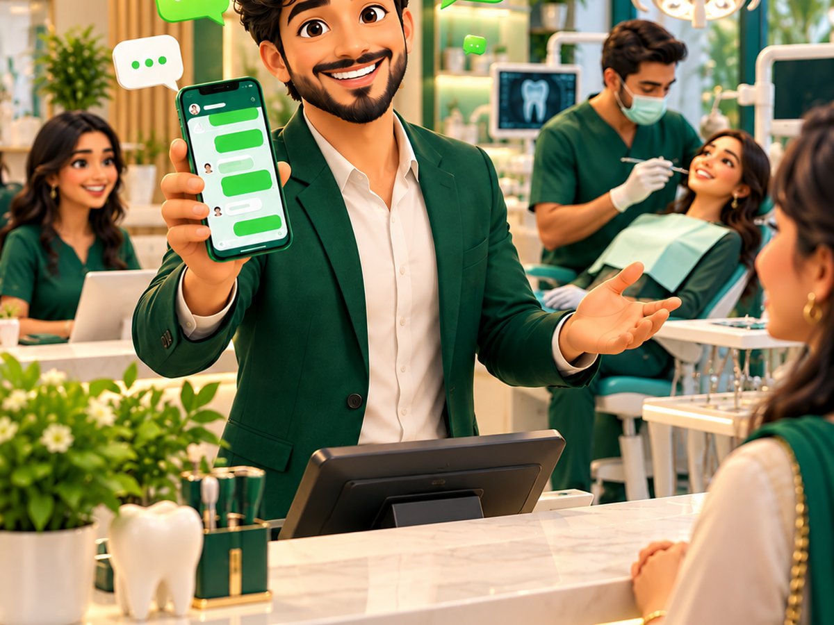 A cartoon dental receptionist confirming a WhatsApp appointment while a patient smiles in the waiting area