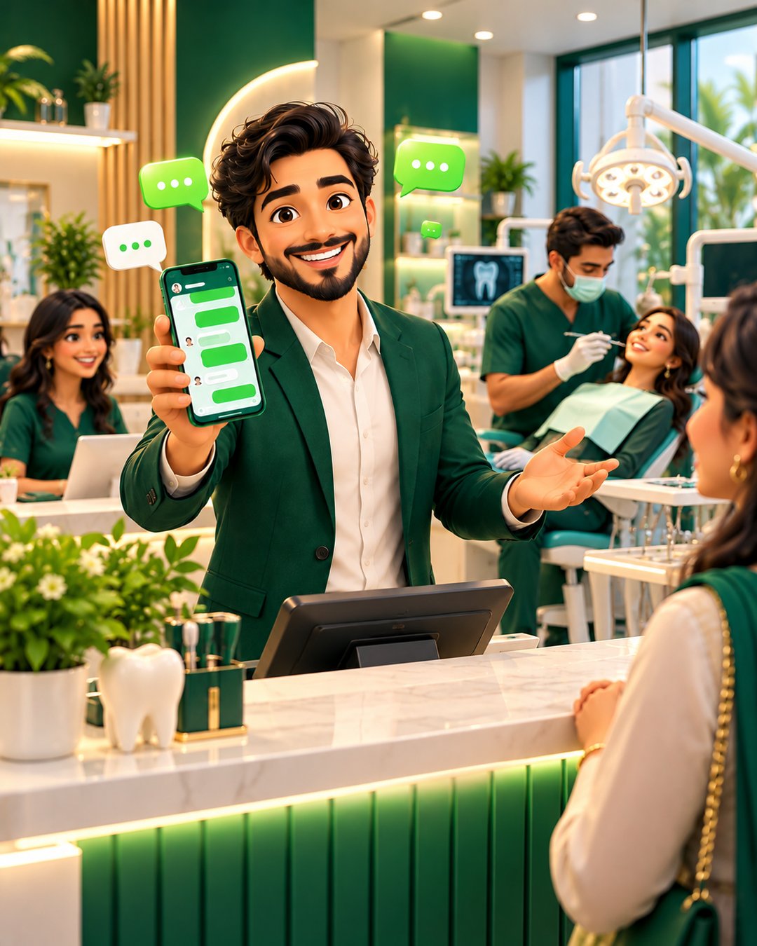 A cartoon dental clinic receptionist happily confirming patient appointments on WhatsApp in a clean modern clinic