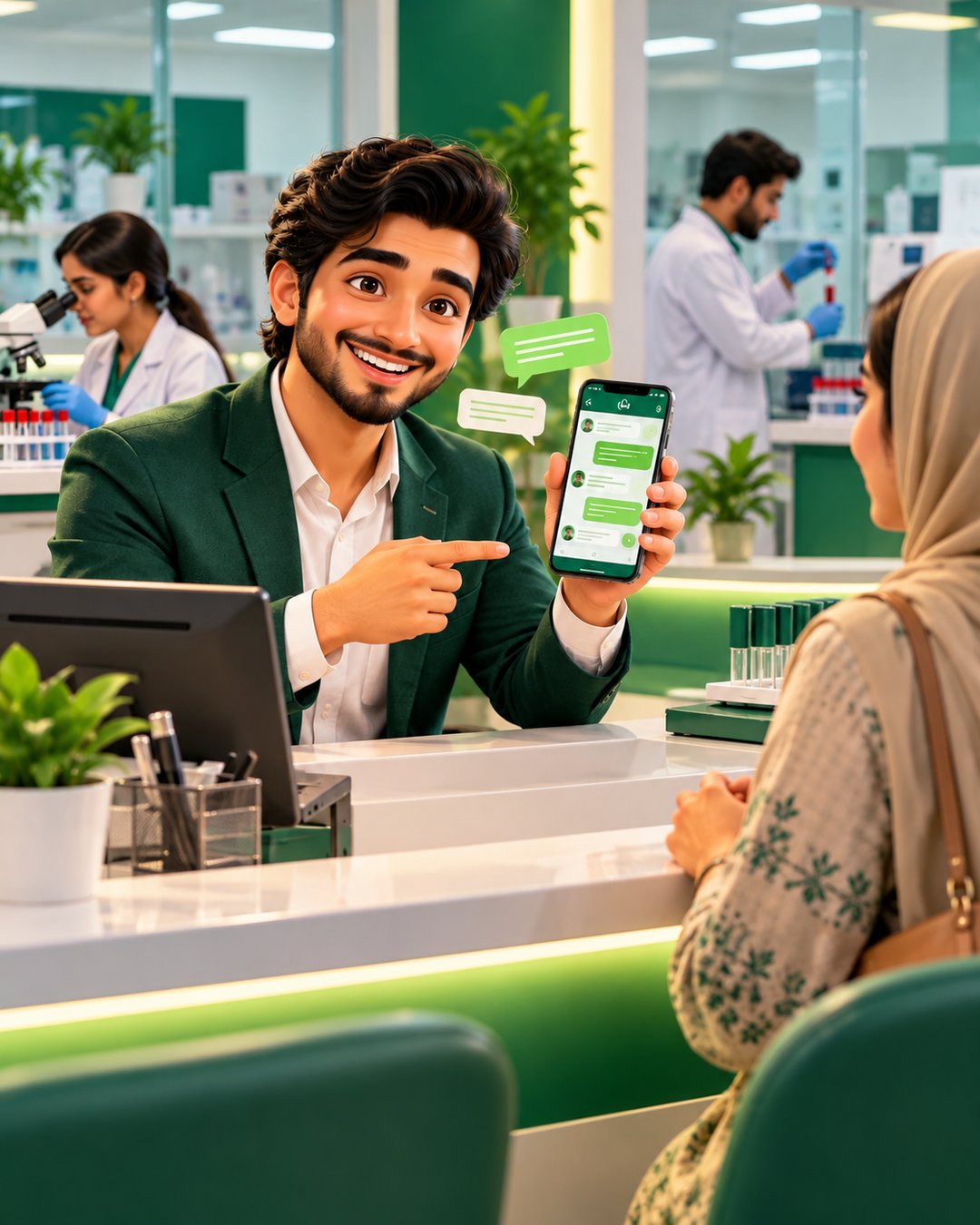 A cartoon lab receptionist happily sending a patient test report on WhatsApp inside a clean modern laboratory