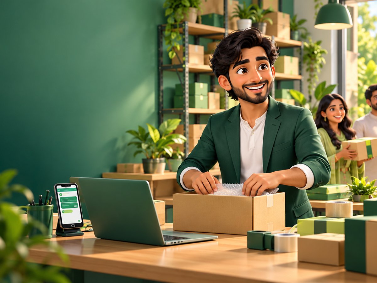 A cartoon courier collecting confirmed parcels from a smiling online store team