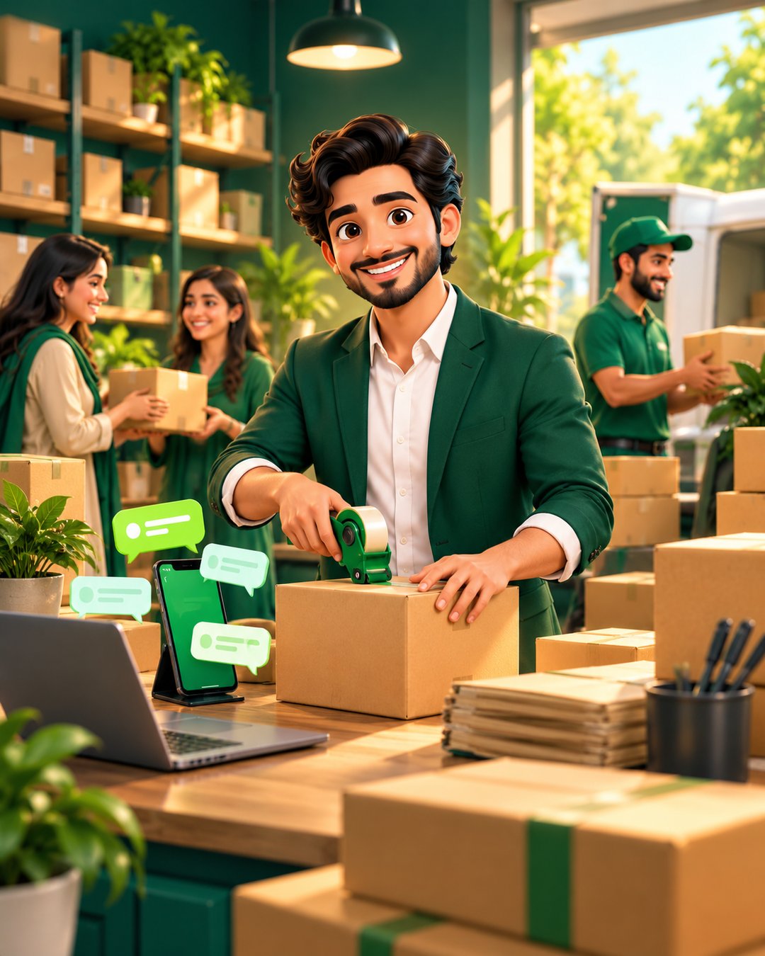 A cartoon online store owner happily confirming orders on WhatsApp while parcels stack up beside her