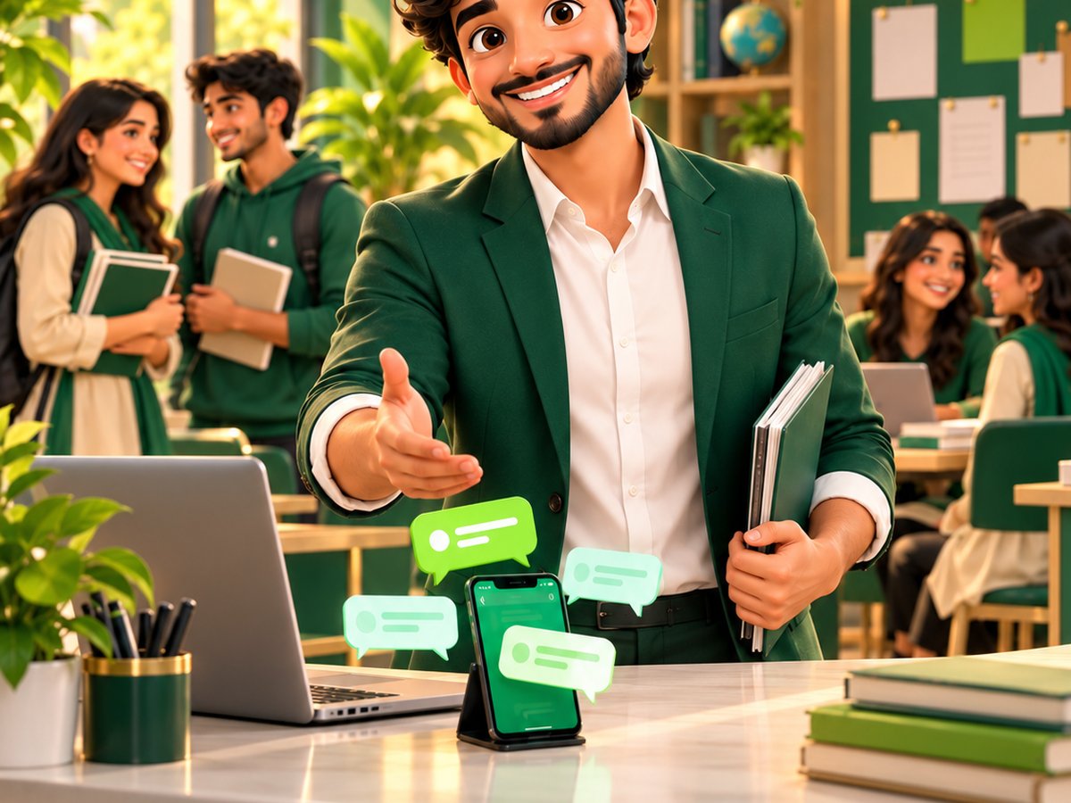 A cartoon parent asking about admissions on WhatsApp and getting an instant friendly reply