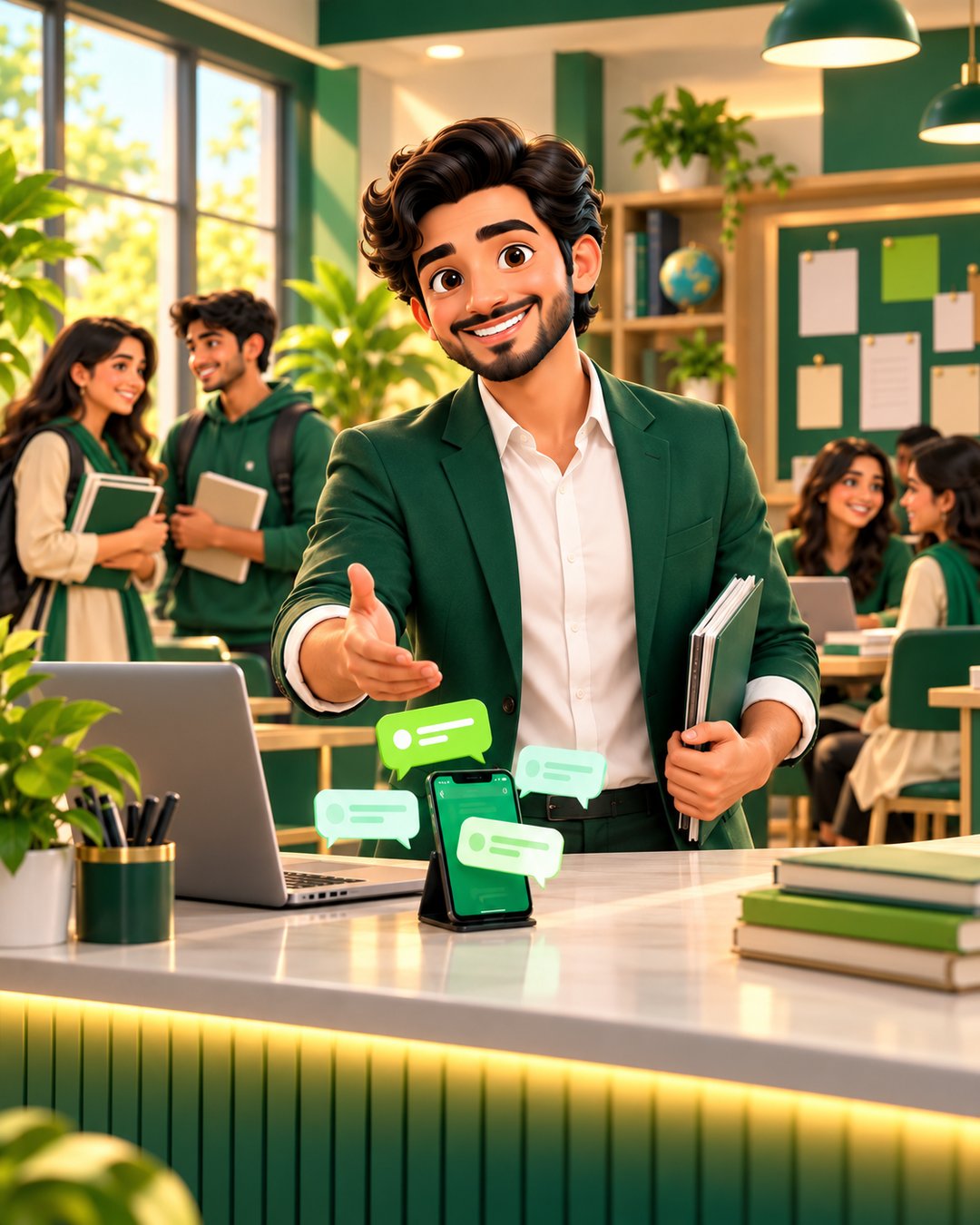 A cartoon academy counsellor happily answering admission enquiries on WhatsApp