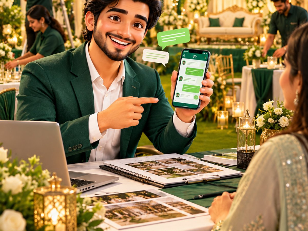 A cartoon event planner sharing a wedding stage portfolio with a client on WhatsApp