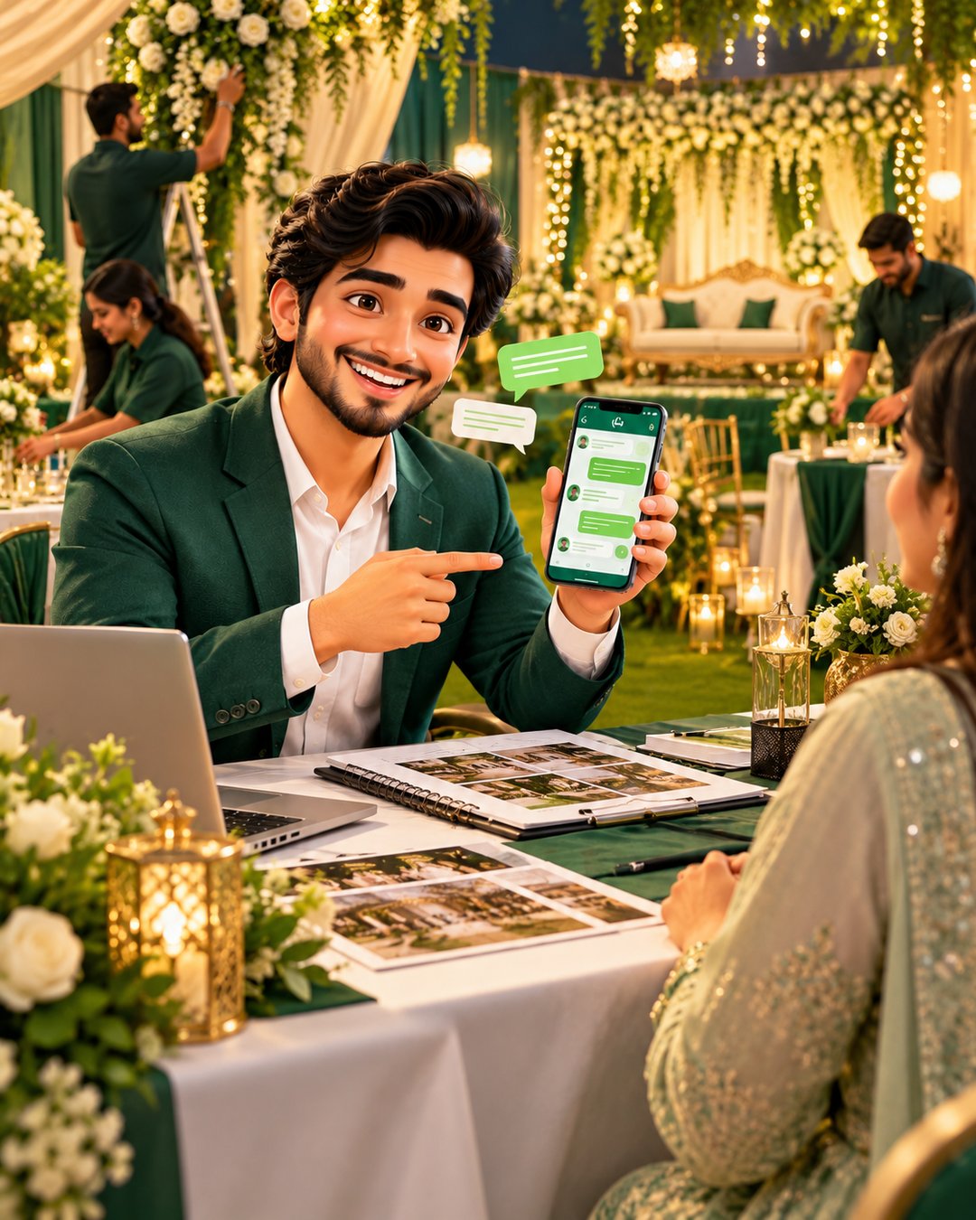 A cartoon event planner happily sharing a wedding decor portfolio on WhatsApp at a decorated venue
