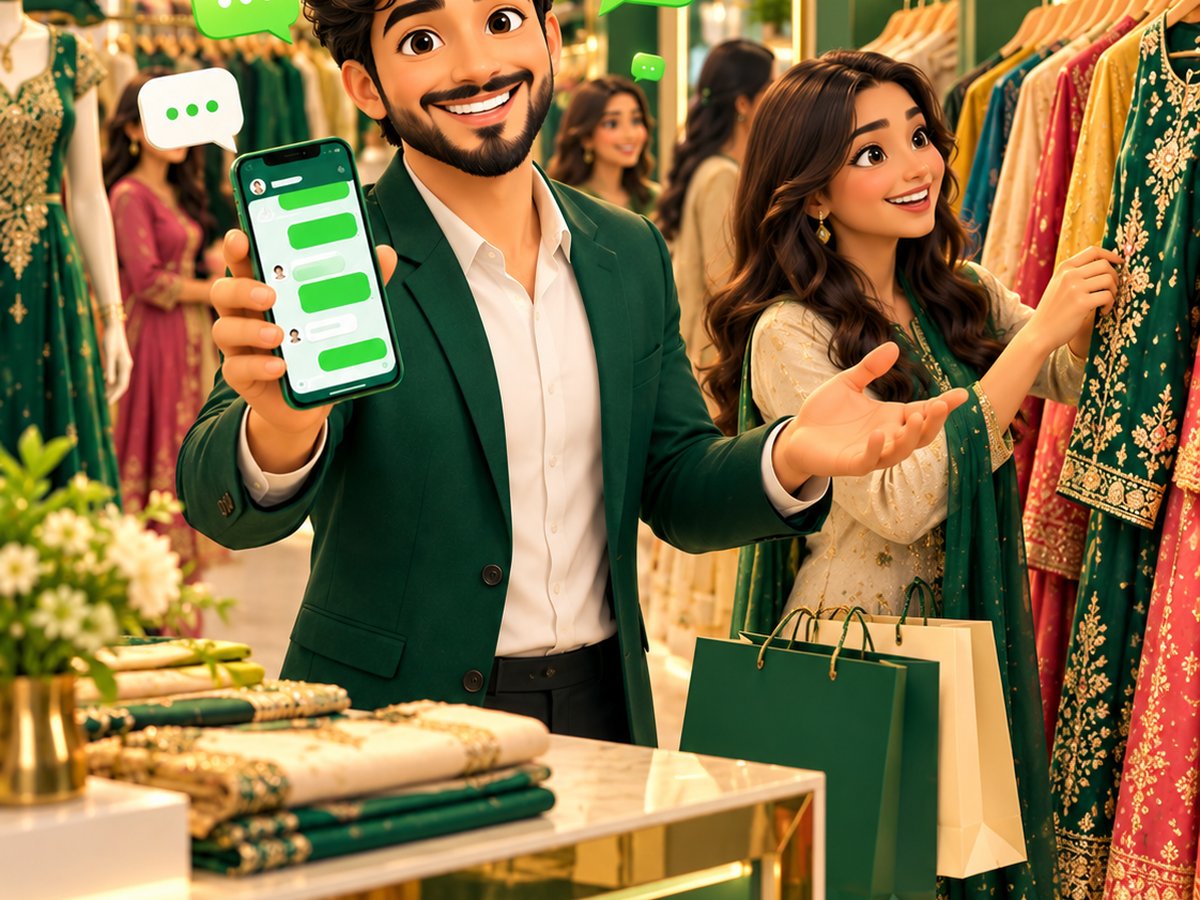 A cartoon boutique team sending a new collection broadcast on WhatsApp to excited customers