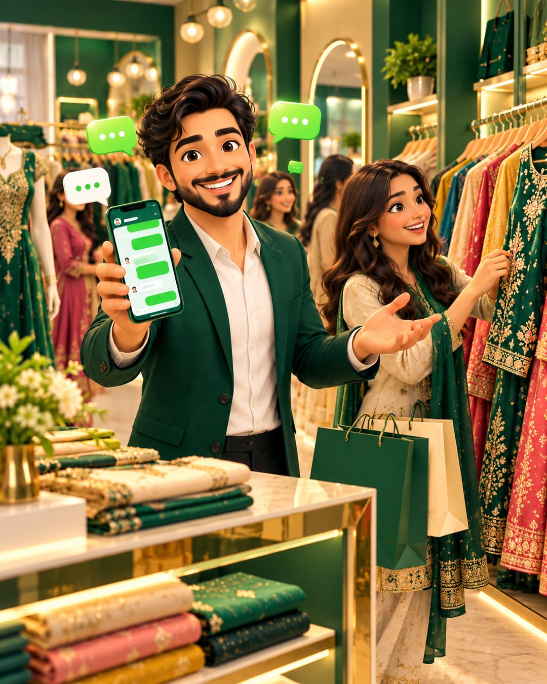 A cartoon boutique owner happily sharing a new clothing collection on WhatsApp with racks of colourful dresses behind her