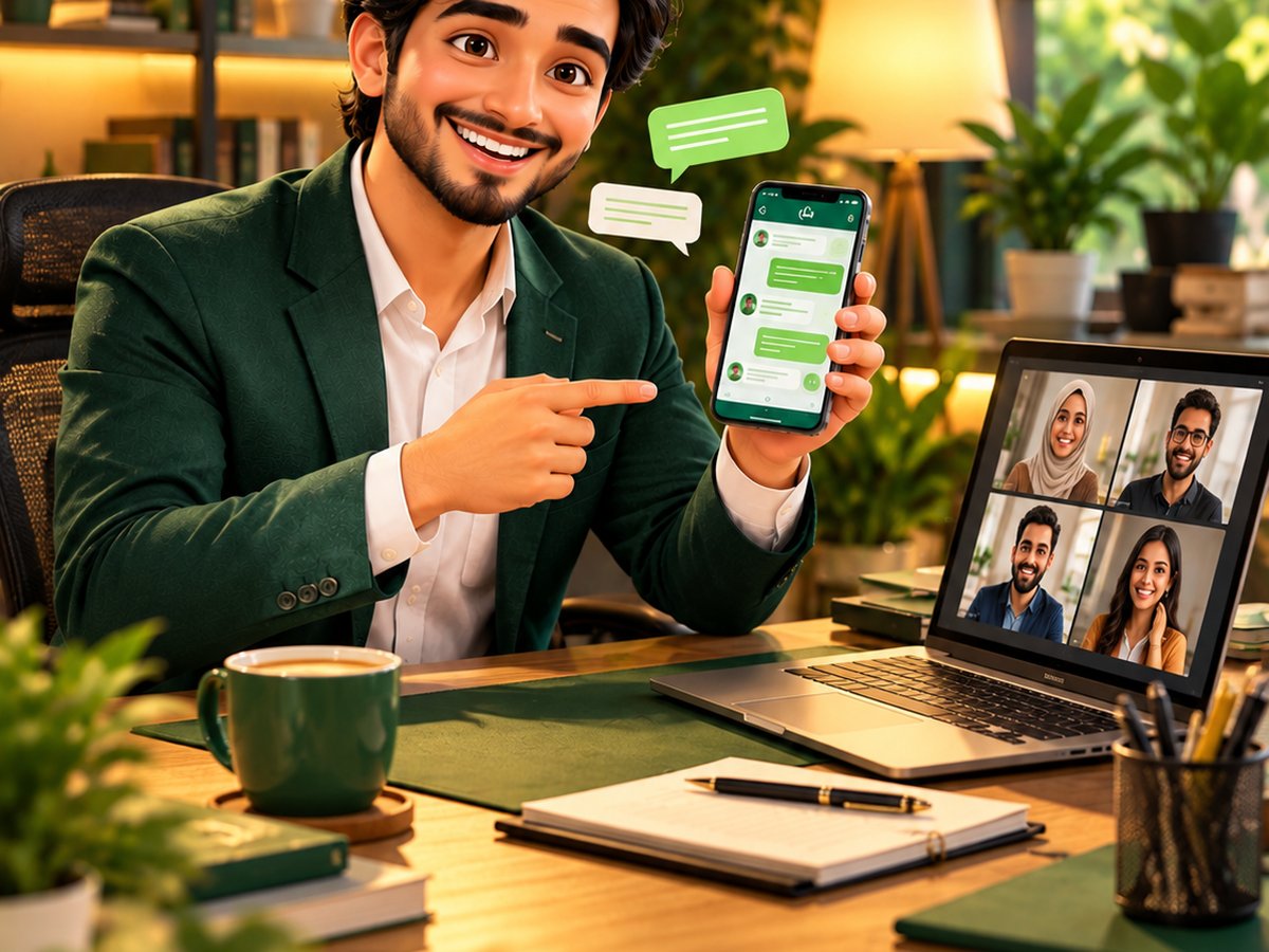 A cartoon freelancer sharing a design portfolio with a new client on WhatsApp