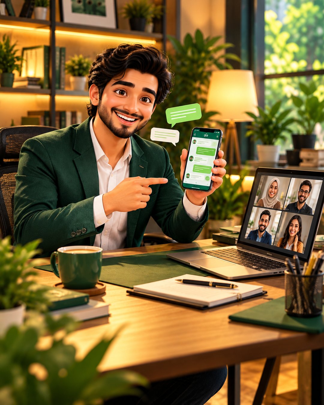 A cartoon freelancer happily replying to a client on WhatsApp with a laptop at a bright home office