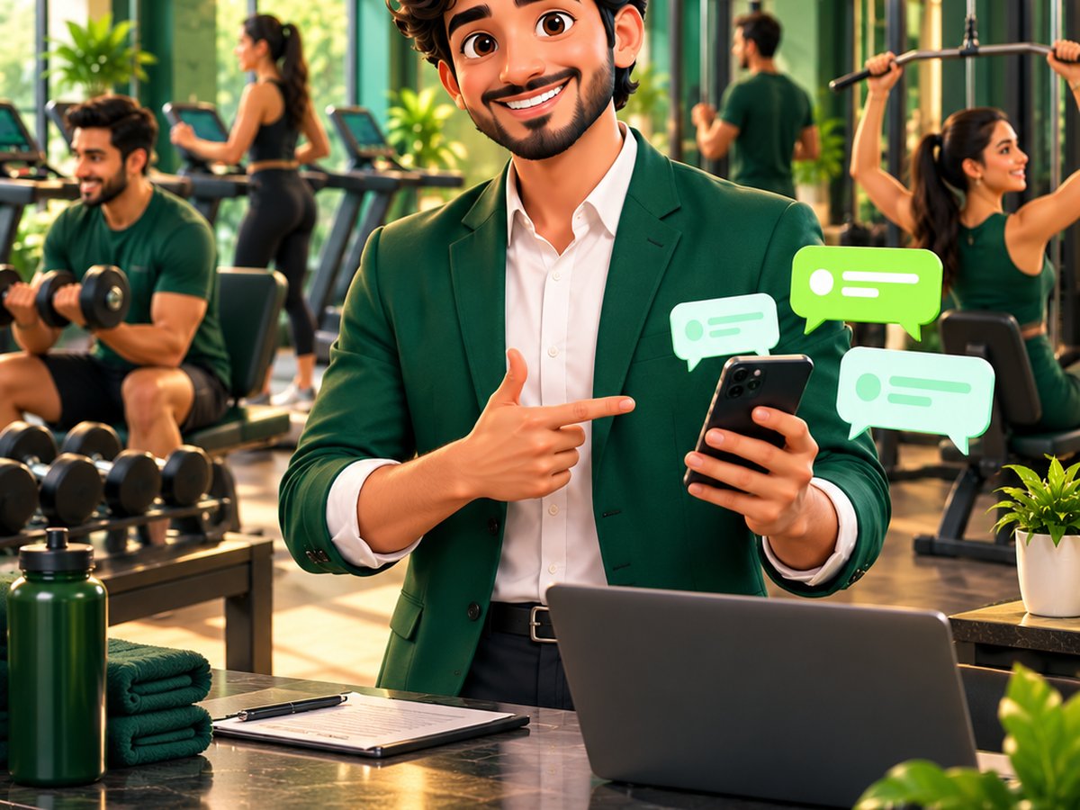 A cartoon young man messaging a gym on WhatsApp at night and getting an instant reply