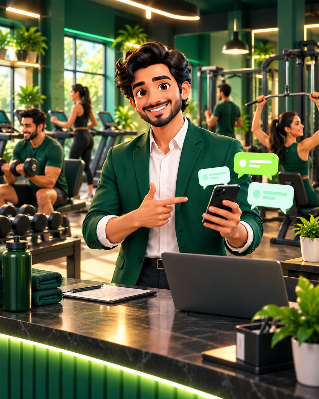 A cartoon gym owner smiling as trial bookings and membership questions arrive on WhatsApp
