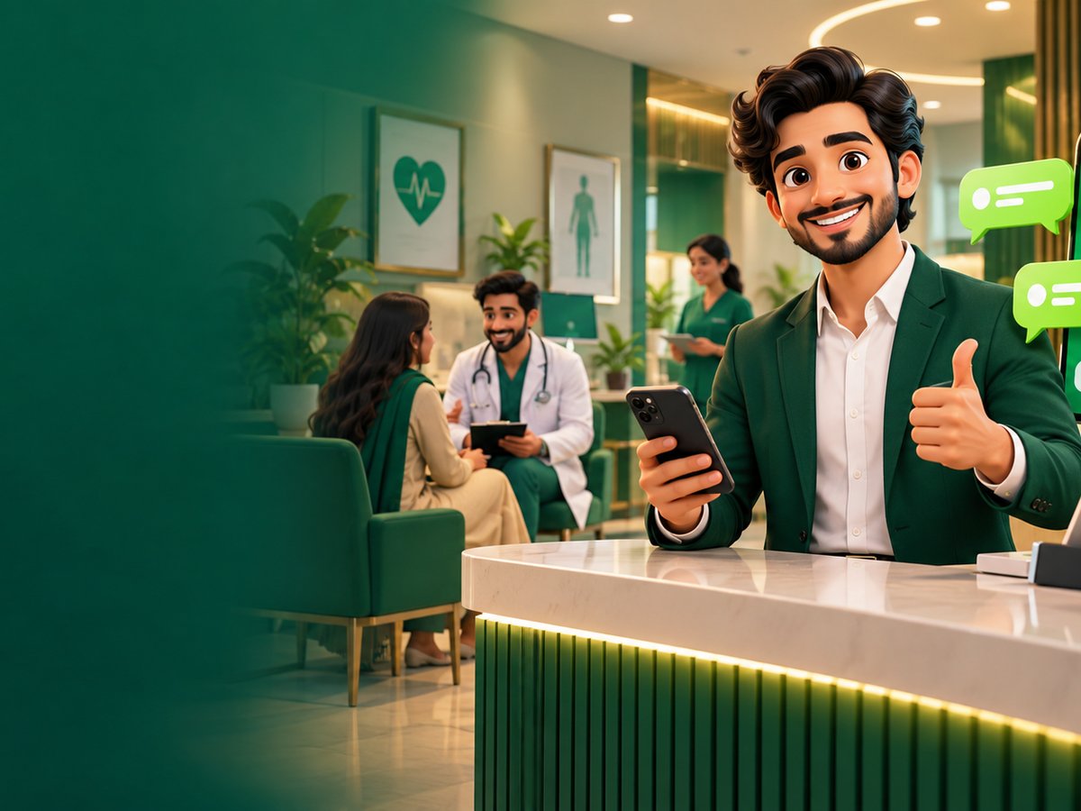 A cartoon patient booking a doctor appointment on WhatsApp from home