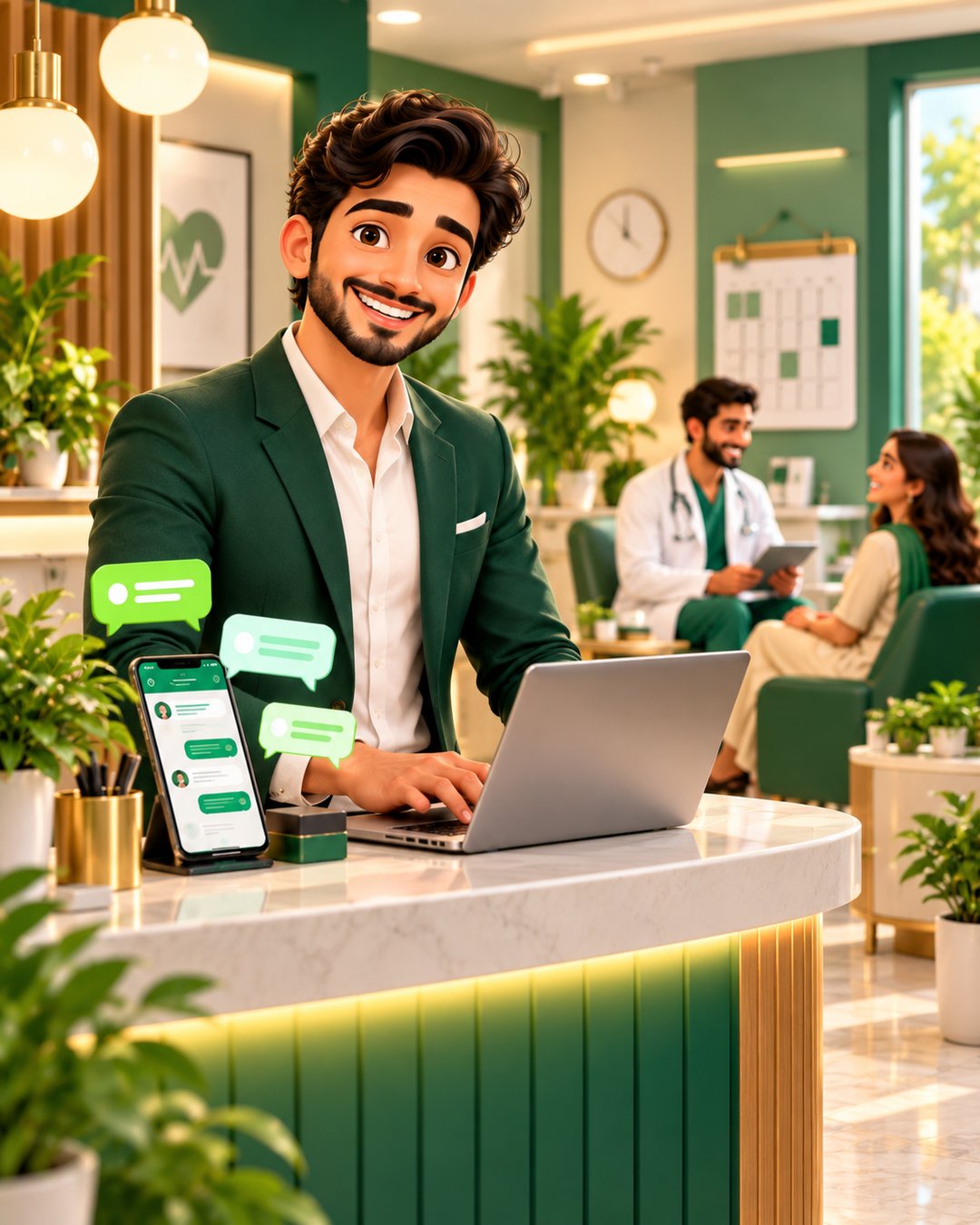 A cartoon clinic receptionist smiling as patient appointments arrive neatly on WhatsApp