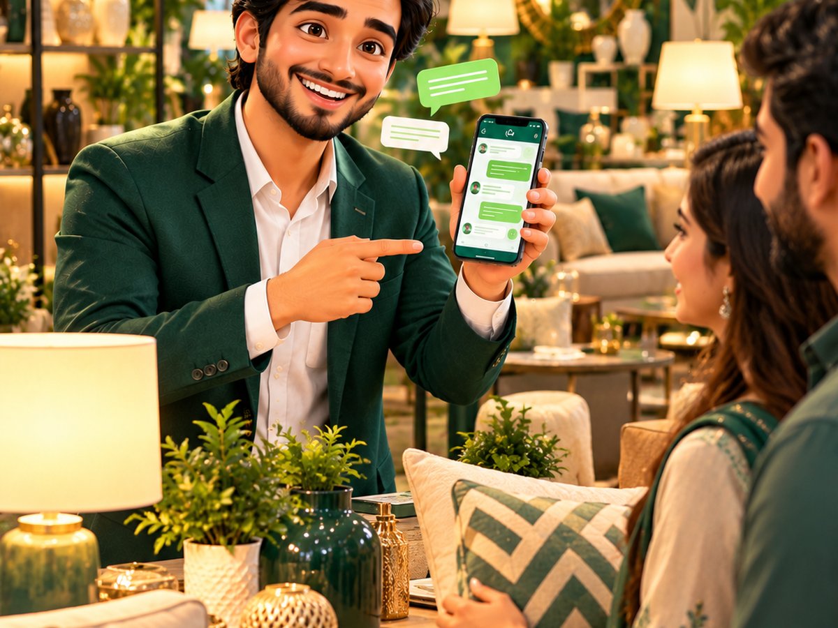 A cartoon shop owner sharing a furniture catalogue with a customer on WhatsApp