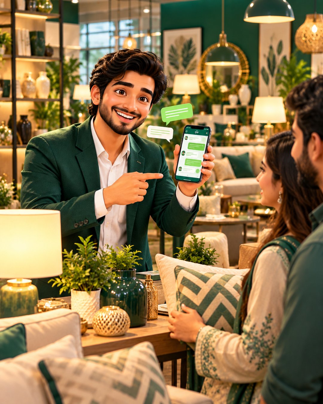 A cartoon home decor shop owner happily sharing a lamp catalogue on WhatsApp inside a warm stylish store