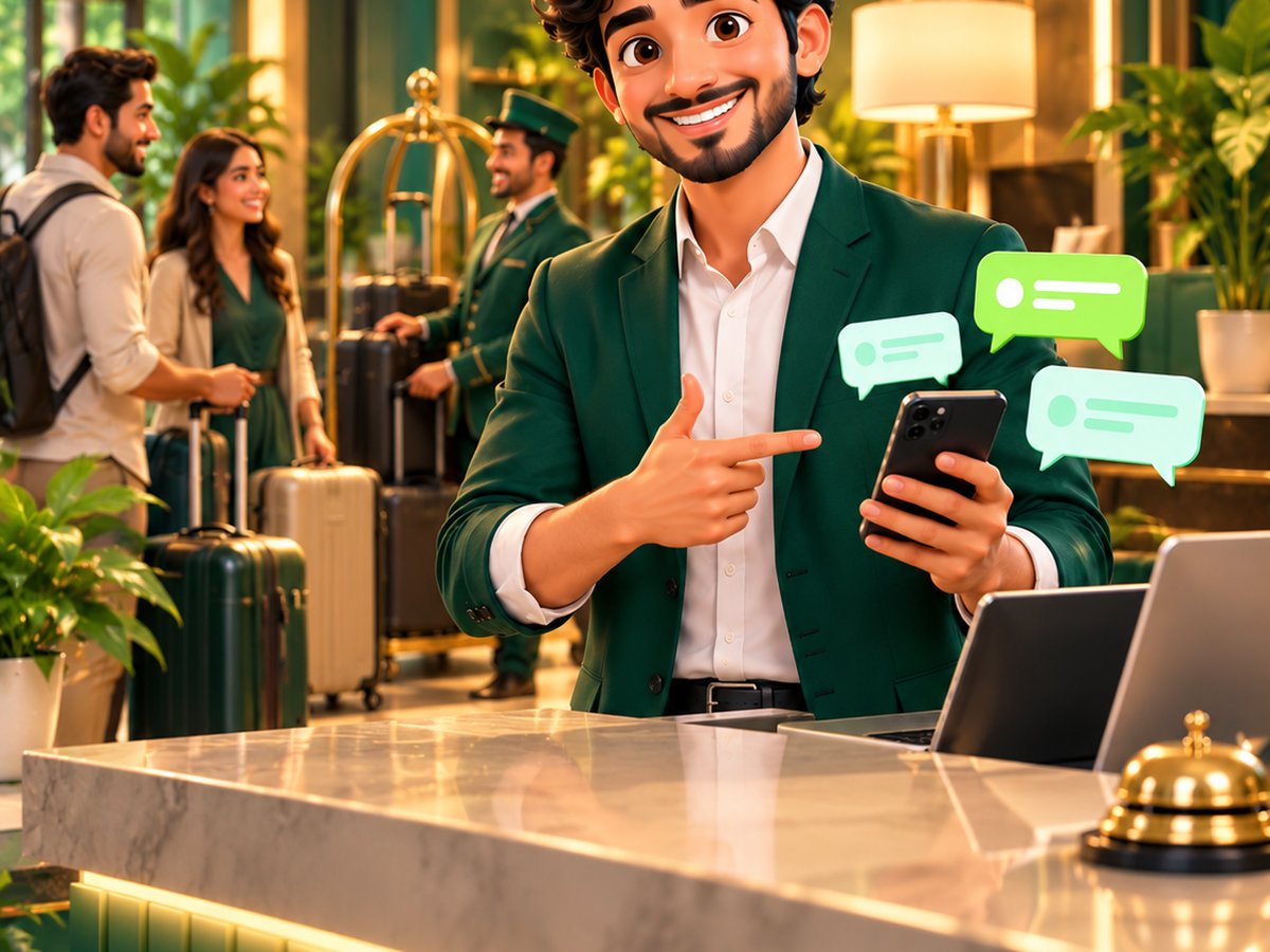 A cartoon traveller messaging a hotel on WhatsApp late at night and getting an instant reply