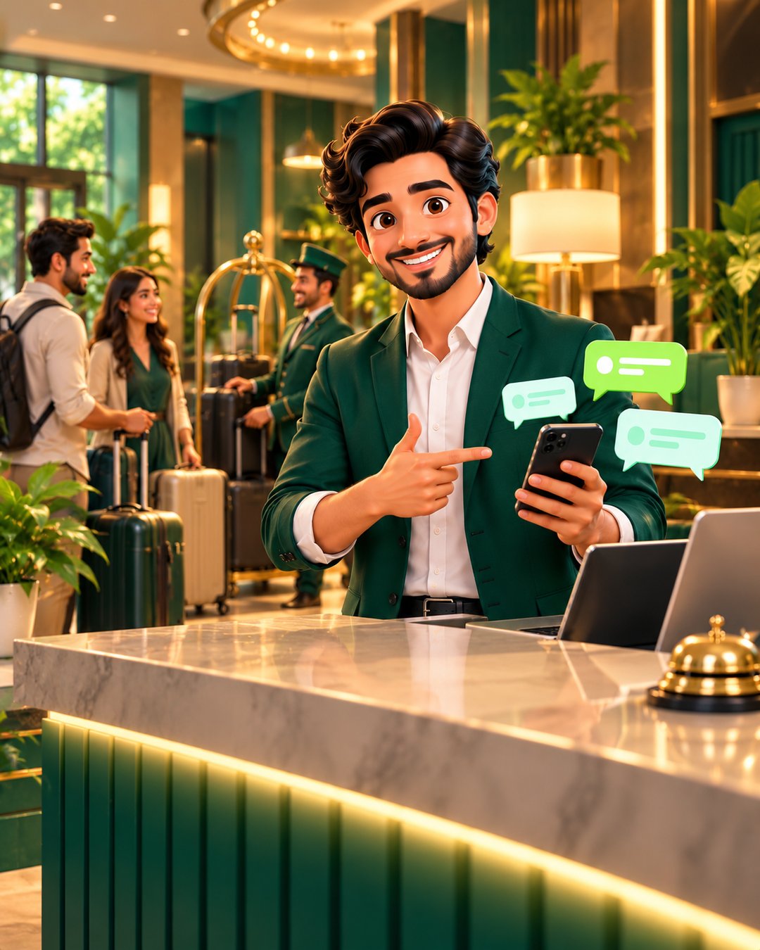 A cartoon hotel front desk team happily confirming a room booking on WhatsApp