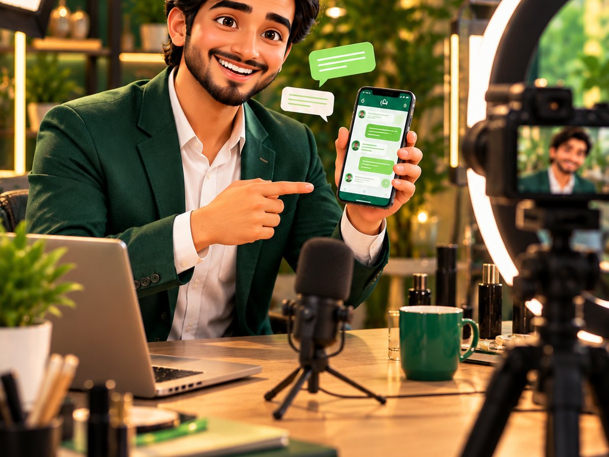 A cartoon creator sharing a product link with excited followers on WhatsApp