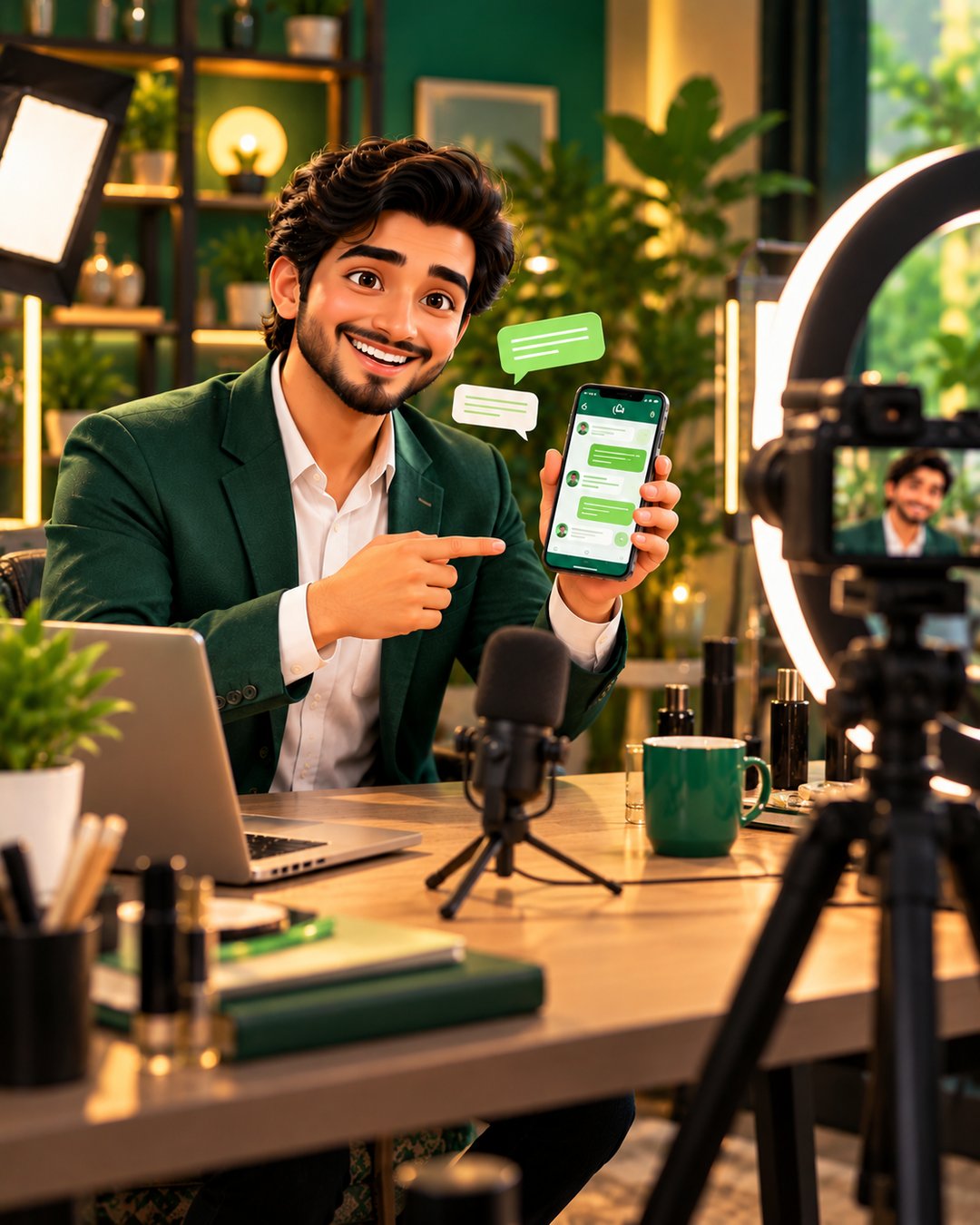 A cartoon content creator happily chatting with followers on WhatsApp beside a ring light and camera