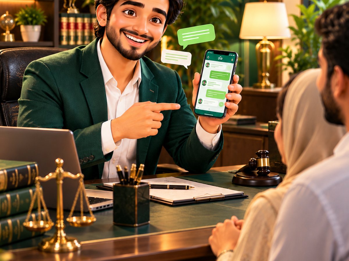 A cartoon client booking a legal consultation and sharing case details on WhatsApp