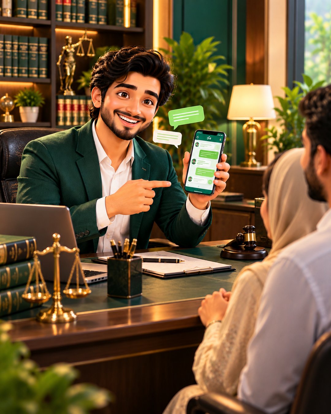 A cartoon lawyer happily confirming a client consultation on WhatsApp in a dignified office
