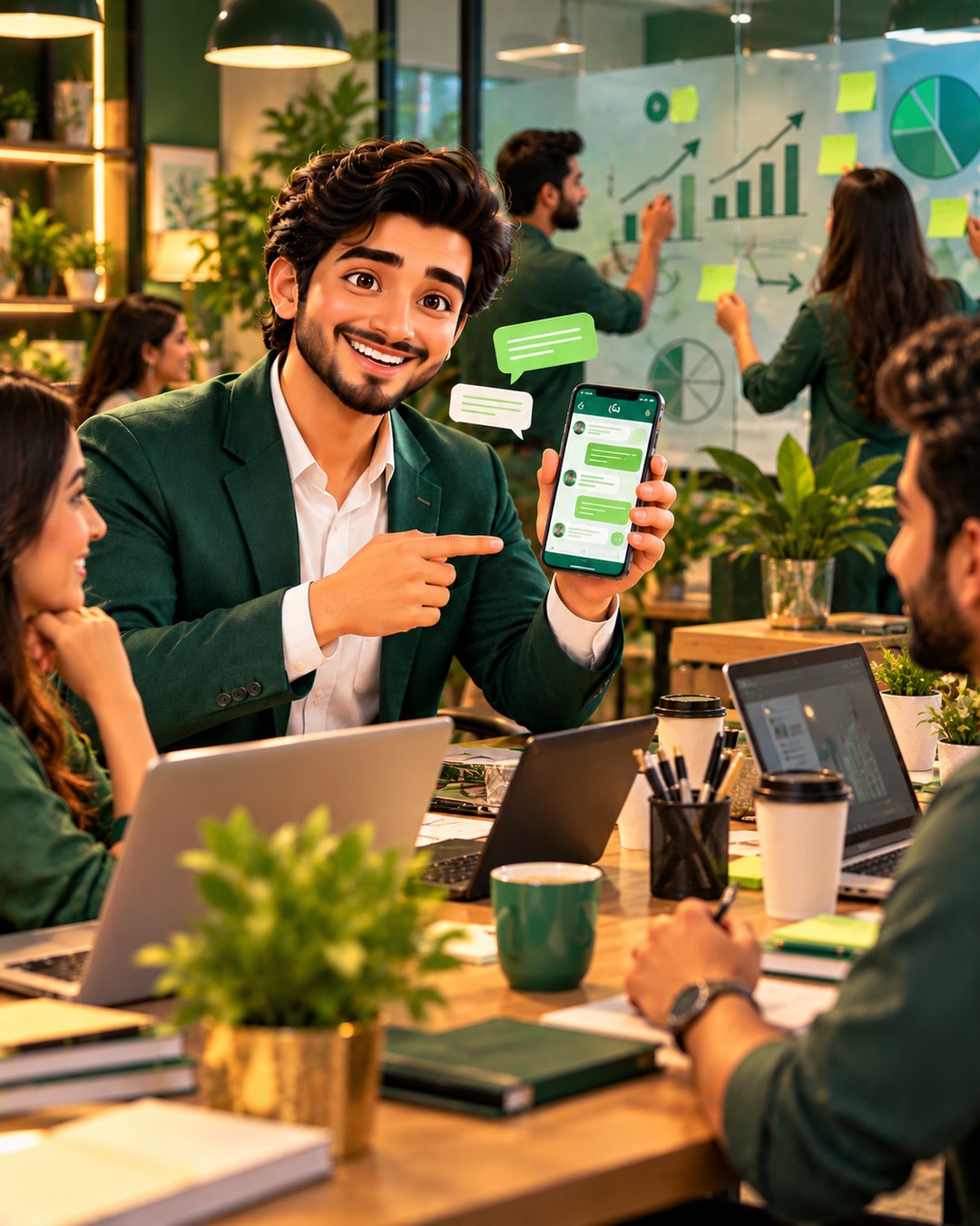 A cartoon agency team happily replying to a new client enquiry on WhatsApp in a bright modern office