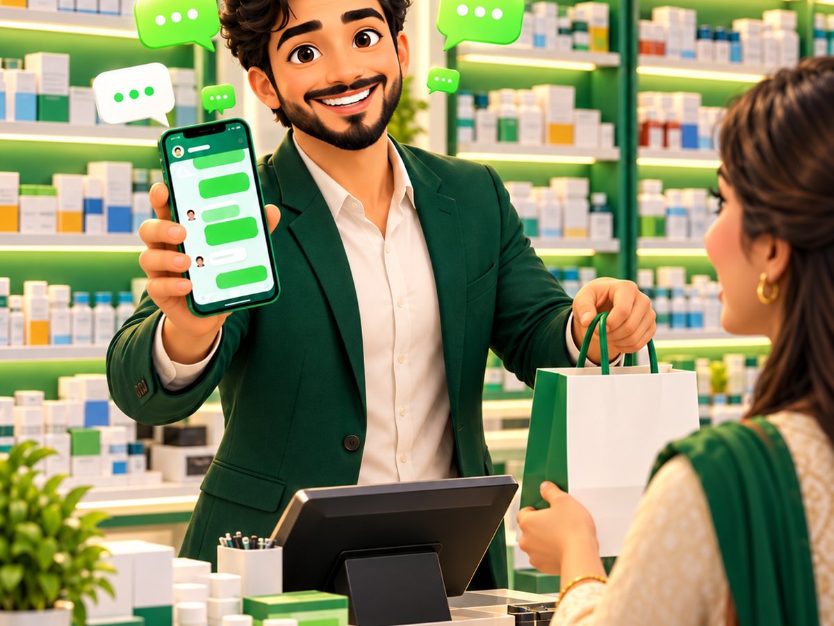 A cartoon pharmacist confirming a medicine order on WhatsApp while preparing a bag at the counter