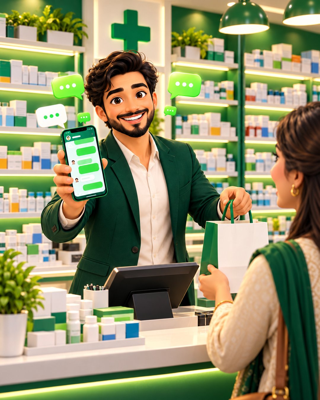 A cartoon pharmacist happily taking a medicine order on WhatsApp inside a bright, well stocked pharmacy