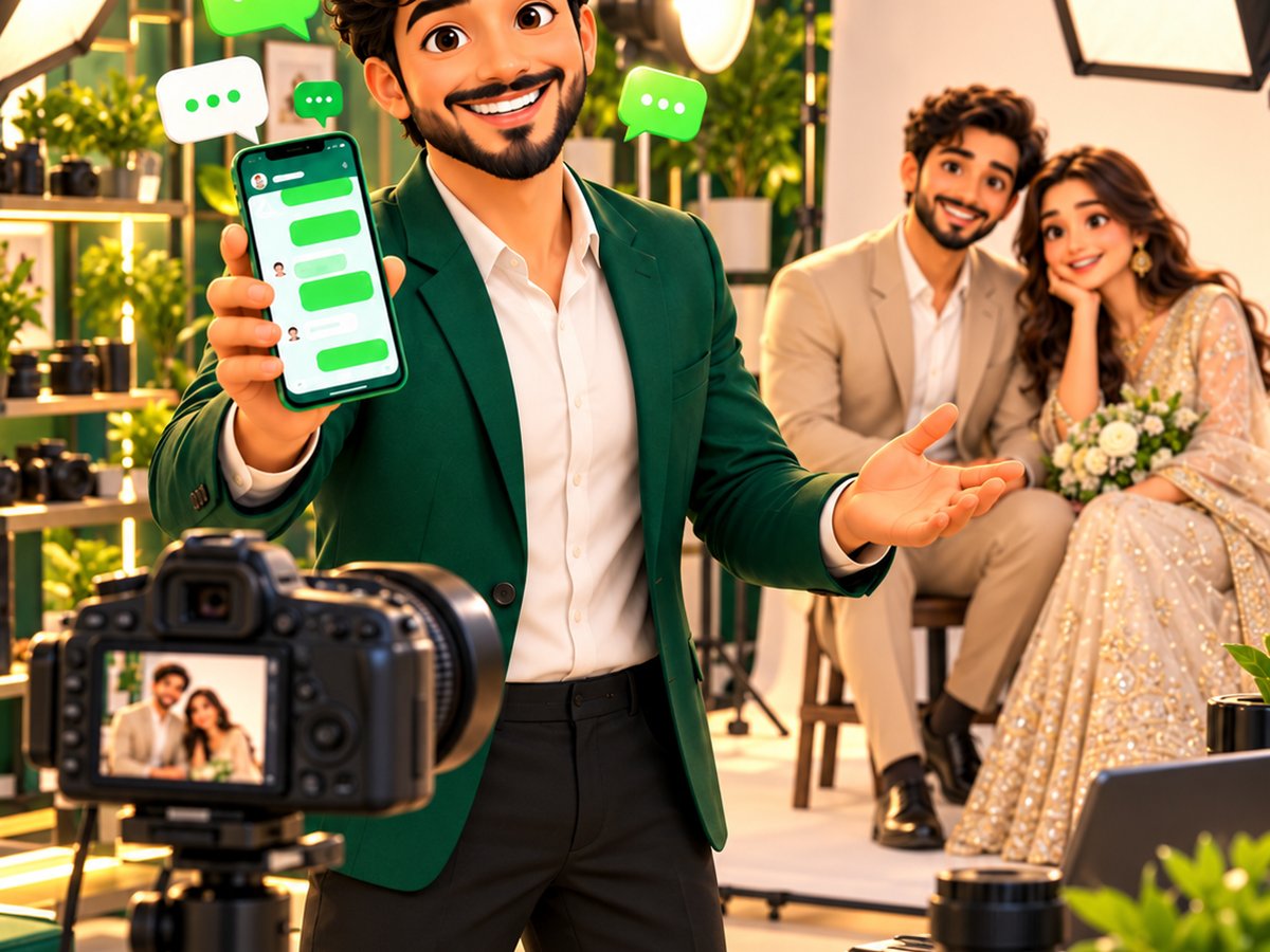 A cartoon photographer sharing wedding packages with a happy couple on WhatsApp
