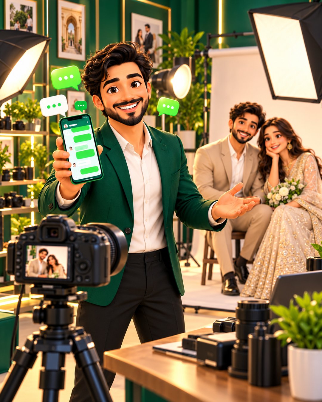 A cartoon photographer happily confirming a wedding shoot booking on WhatsApp with a camera in hand