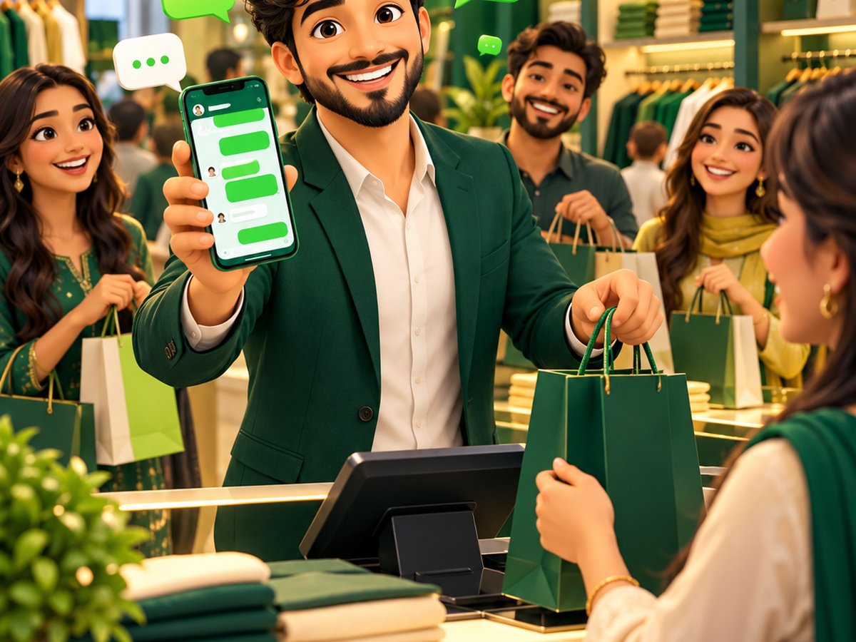 A cartoon shopkeeper serving a busy counter while WhatsApp answers customer questions on its own