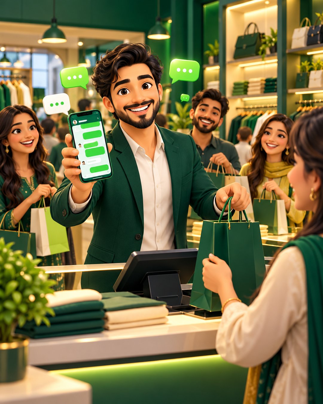 A cartoon retail store owner happily answering customer questions on WhatsApp inside a bright shop full of shelves