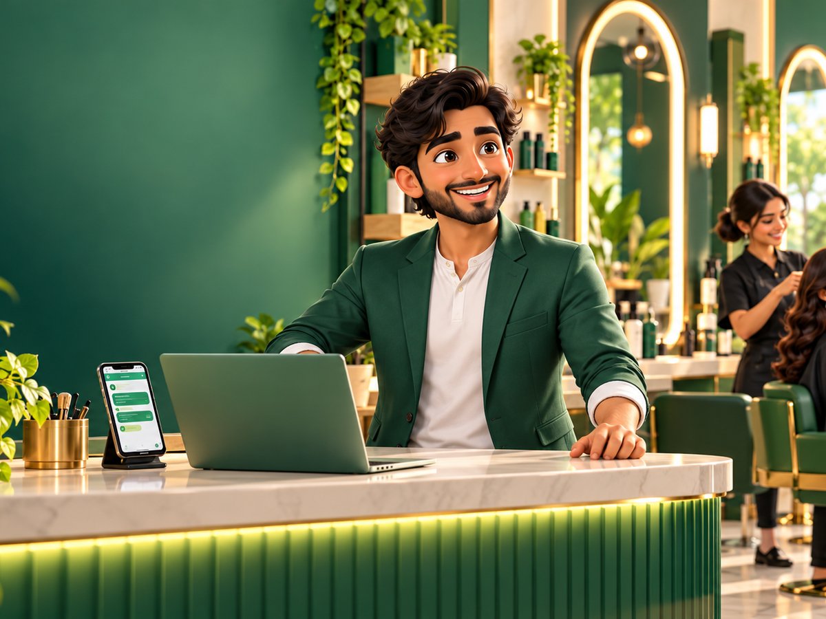 A cartoon client booking a hair appointment on WhatsApp while a stylist smiles at the salon counter