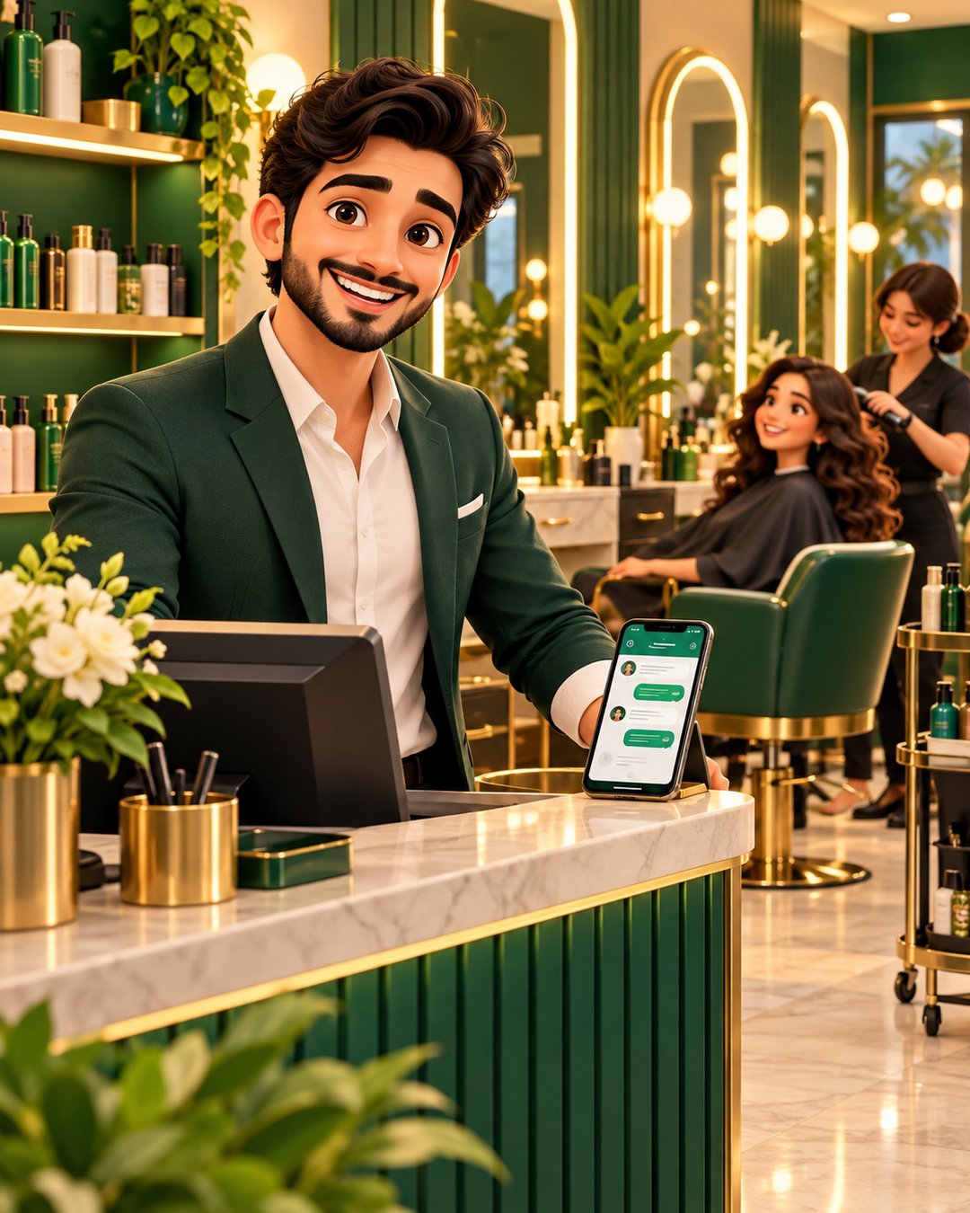 A cartoon salon owner smiling as appointment bookings arrive on WhatsApp in a bright, busy salon