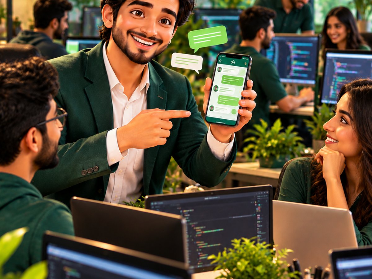 A cartoon product manager collecting a project brief from a client on WhatsApp