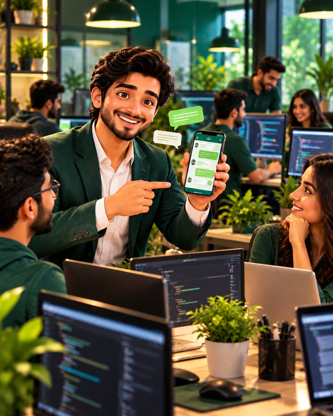 A cartoon software team happily answering a project enquiry on WhatsApp in a modern dev office