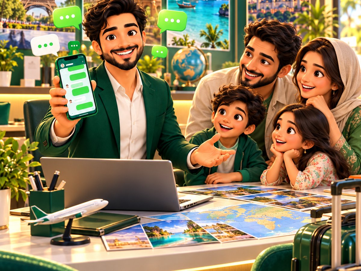 A cartoon travel agent sharing a mountain tour package with a happy family on WhatsApp