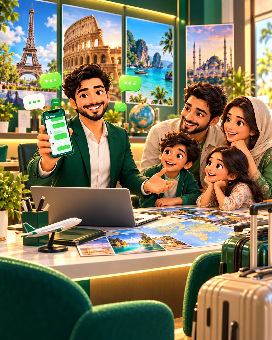 A cartoon travel agent happily sharing a northern areas tour package on WhatsApp with mountains in the background