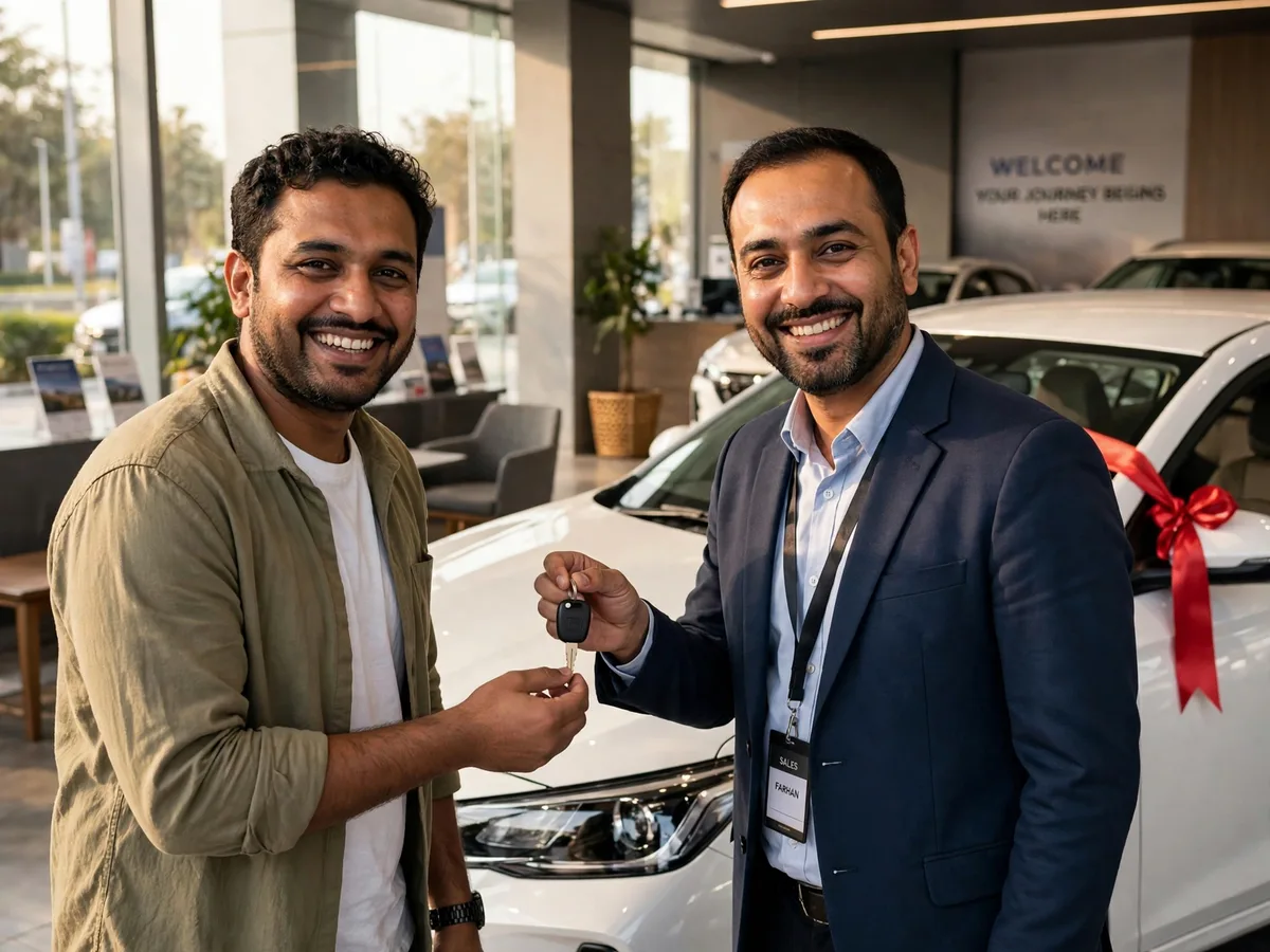 A happy buyer receiving the keys to his new car at the showroom