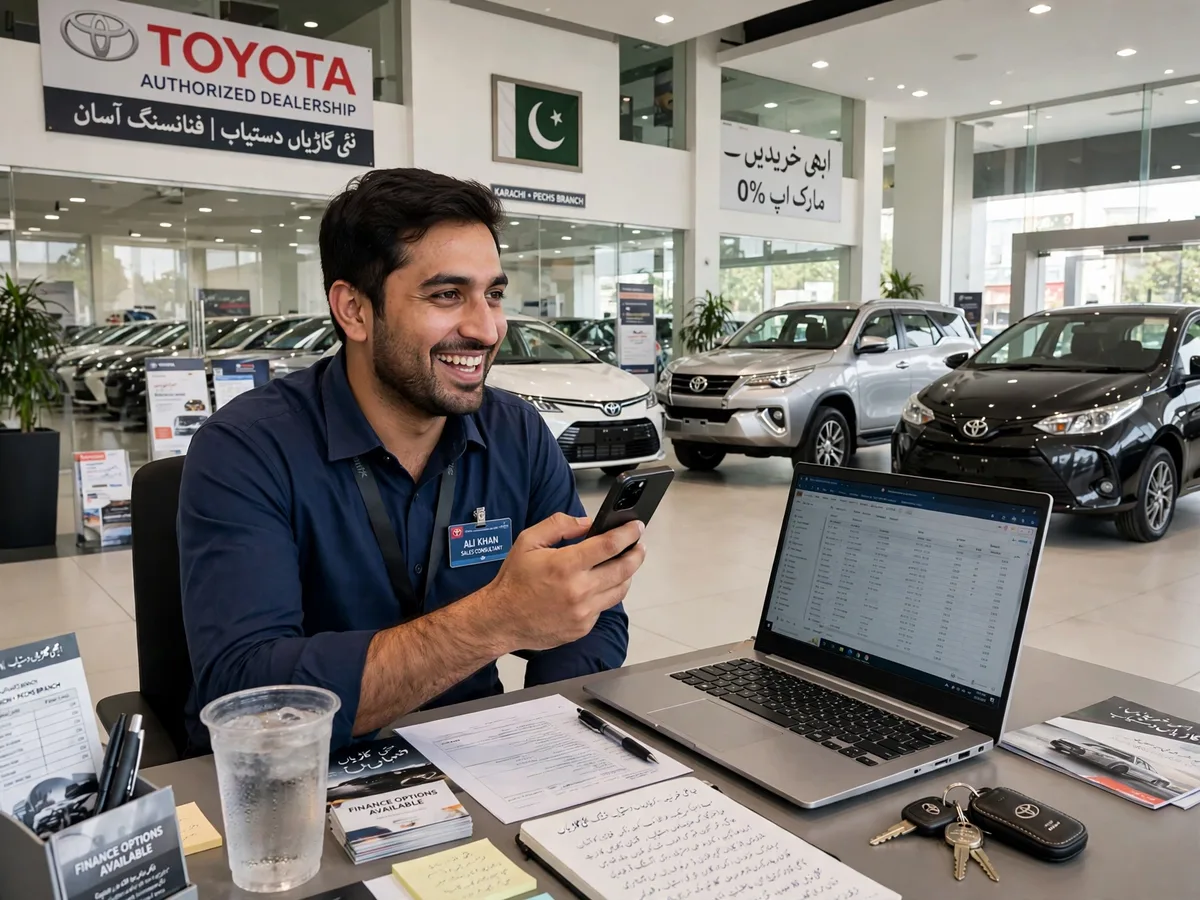 A salesman at a showroom desk answering enquiries on his phone, cars behind him