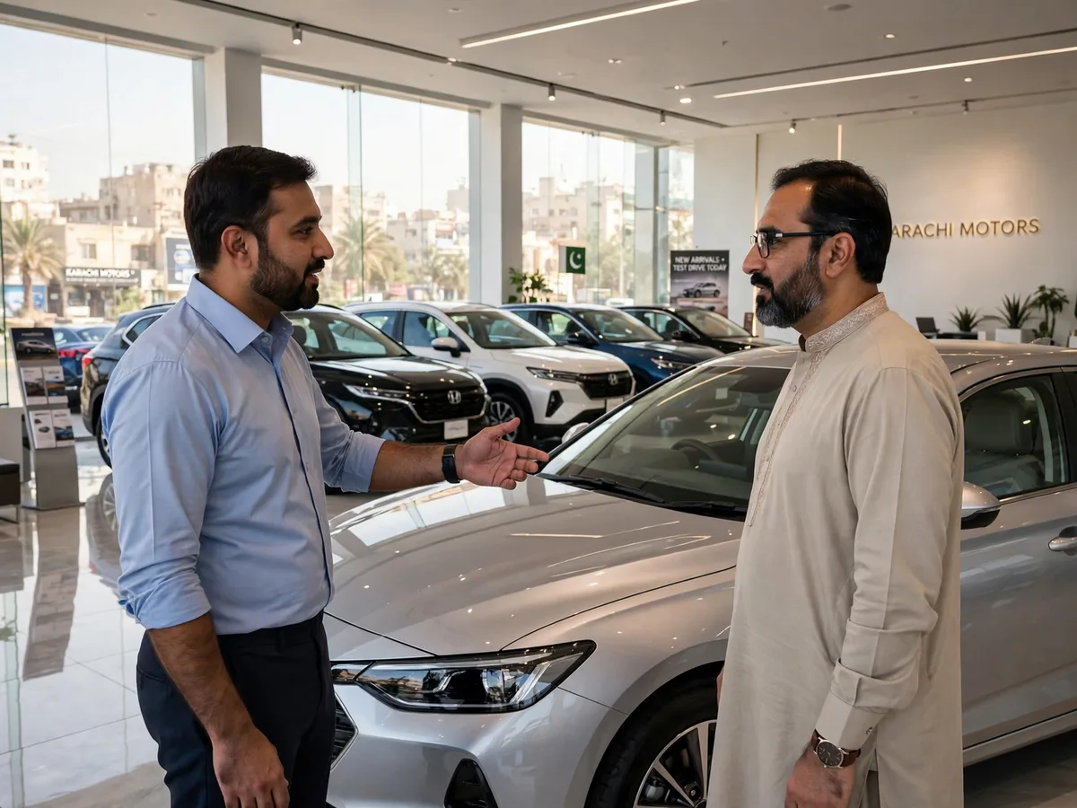 A salesman showing a shiny sedan to a customer inside a bright showroom